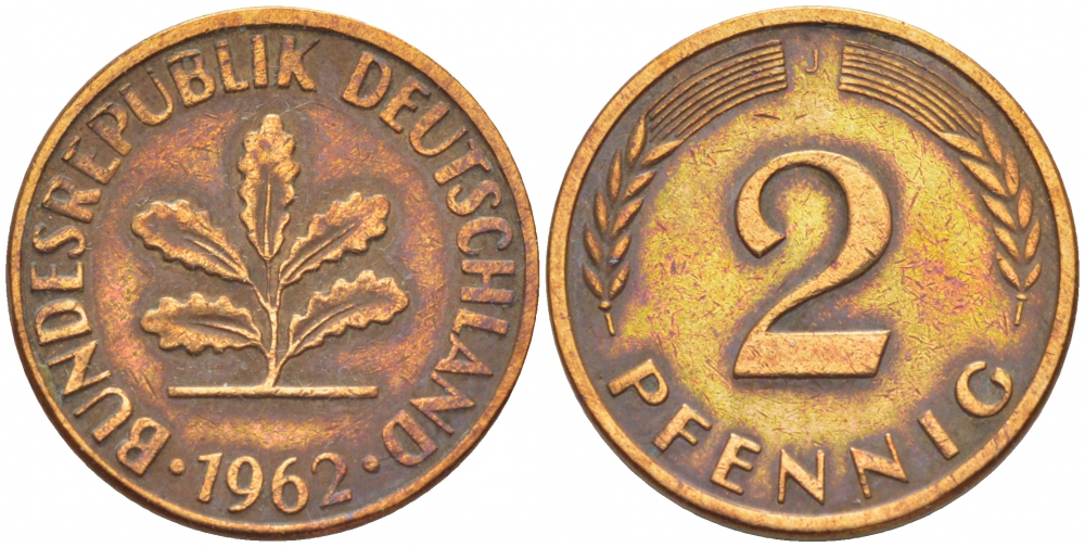 ФРГ 2 ПФЕННИГА 1962 J KM 106, J.381 бронза 4396-1554