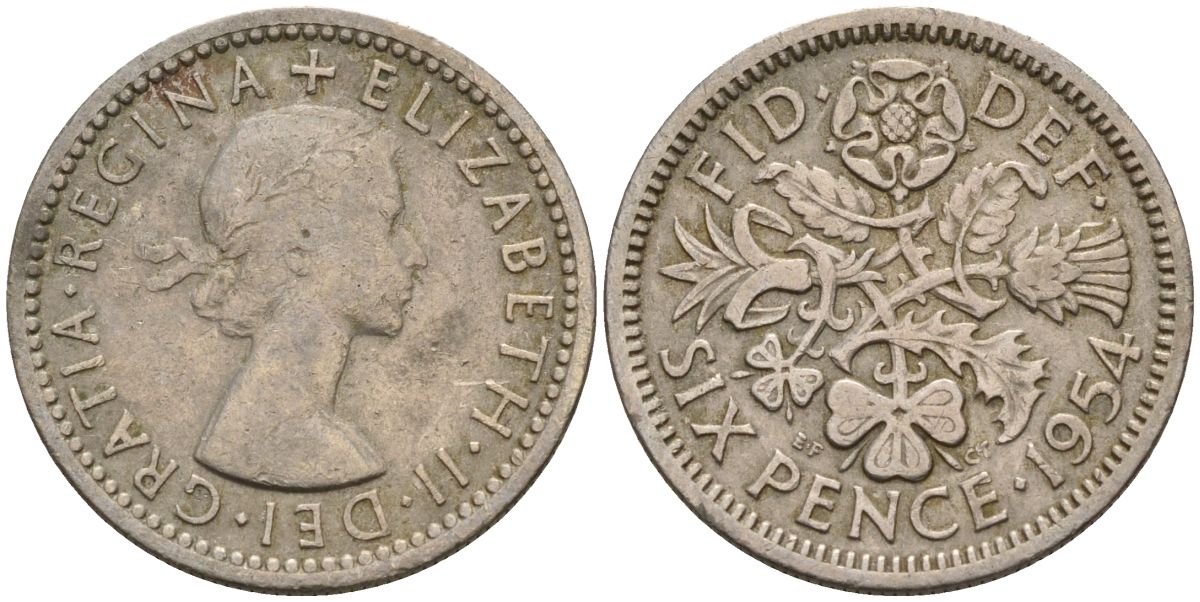Великобритания 6 пенсов 1954 Елизавета II (1952-2022) KM 903, Spink 4149 медно-никель 4154-234