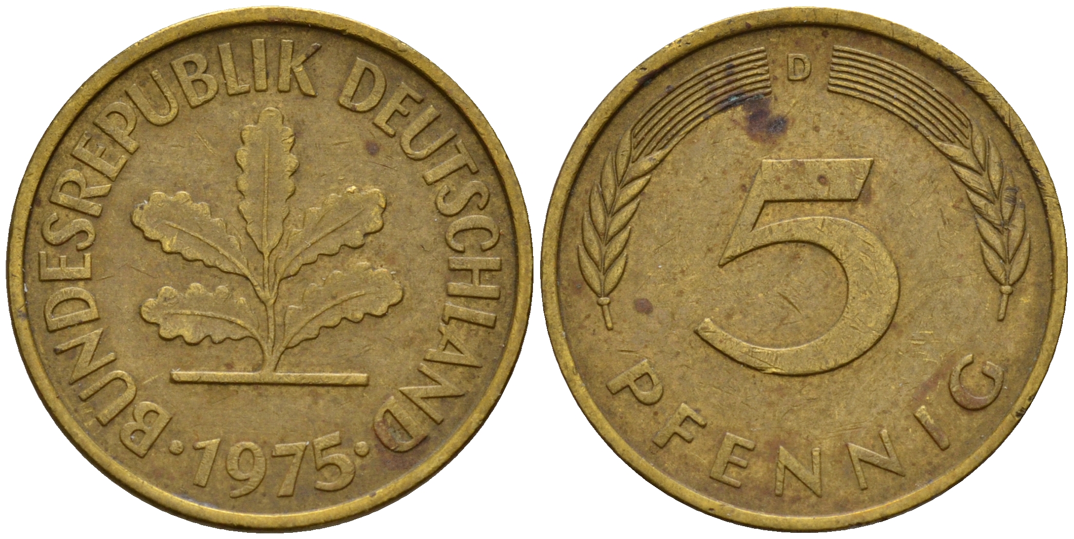 ФРГ 5 пфеннигов 1975 D J.382, KM 107 сталь плакированная латунью    4598-956