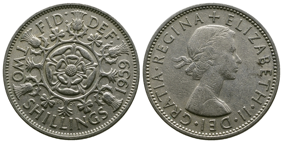 Великобритания 2 шиллинга (флорин) 1959 Елизавета II (1952-2022) KM 906, Spink 4146 медно-никель 4382-221