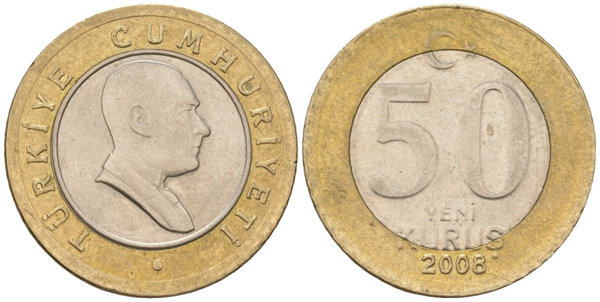 Турция 50 новых курушей 2008 KM 1168 биметалл 4610-1126