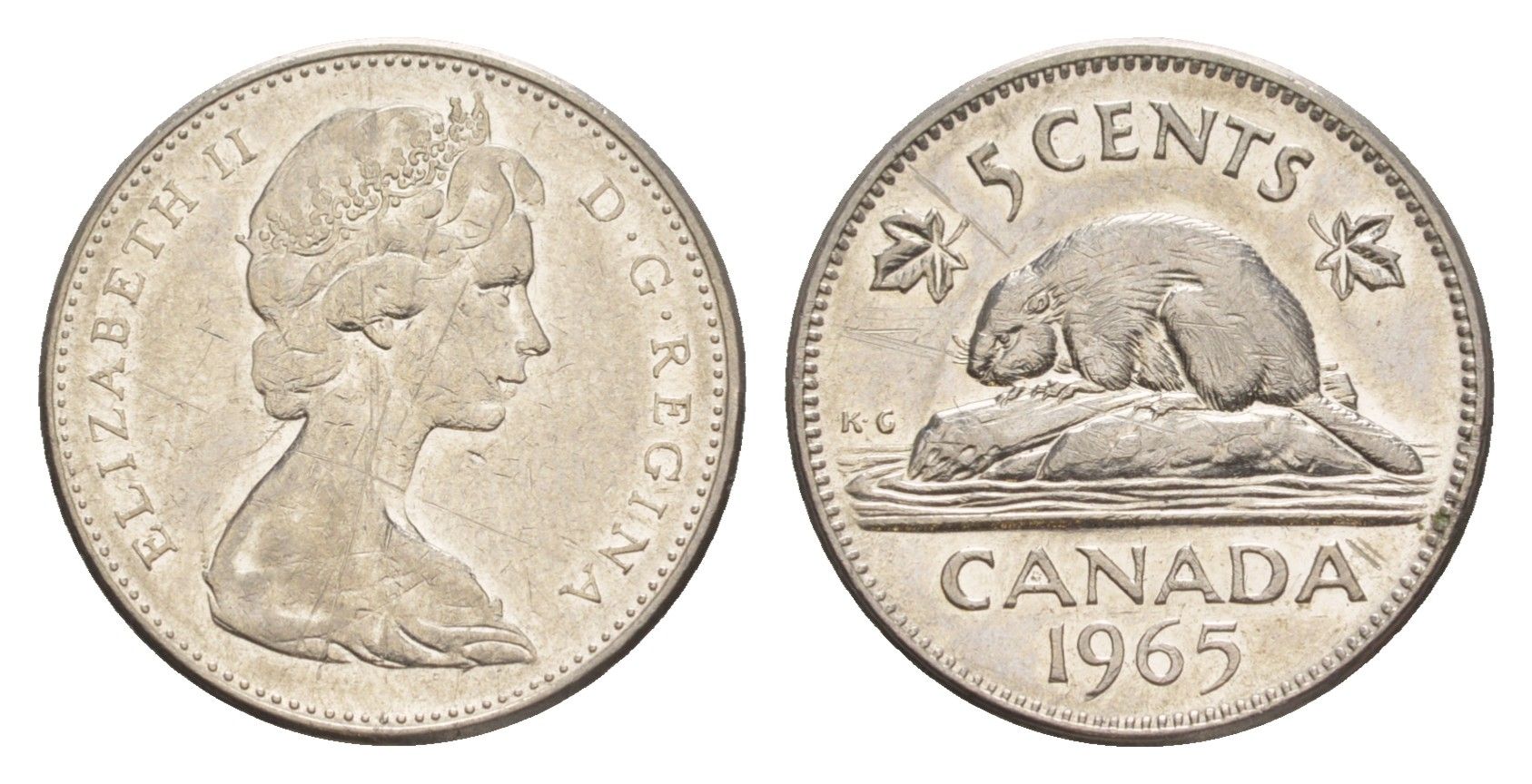 Канада 5 центов 1965 Елизавета II (1952-2022), бобр KM 60.1 никель 4636-567