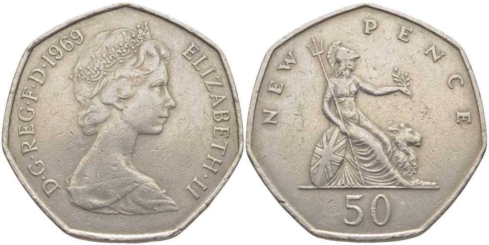 Великобритания 50 пенсов 1969 Елизавета II (1952-2022) KM 913, Spink 4223 (H1) медно-никель 115-513