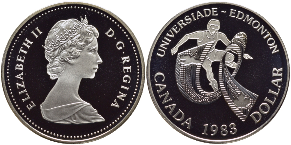 Канада 1 доллар 1983 XII летняя Универсиада в Эдмонтоне, в оригинальной коробке, KM 138 серебро PROOF 2-5-2-29