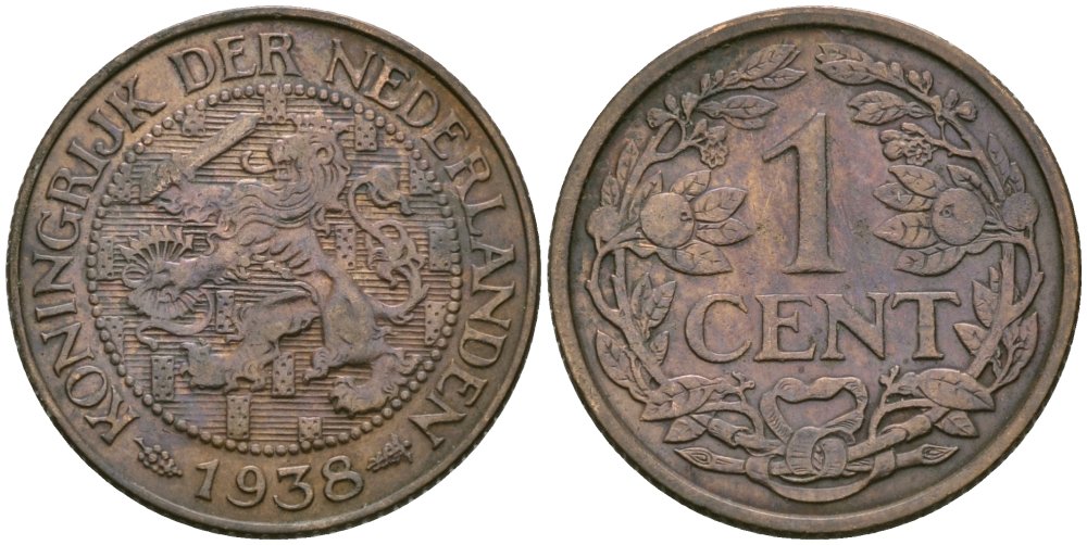 Нидерланды 1 цент 1938 Вильгельмина (1890-1948) KM 152 бронза 4576-1136