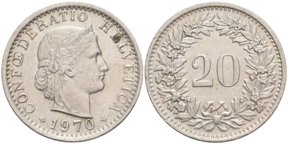 Швейцария 20 раппенов 1970 KM 29a медно-никель 55-922
