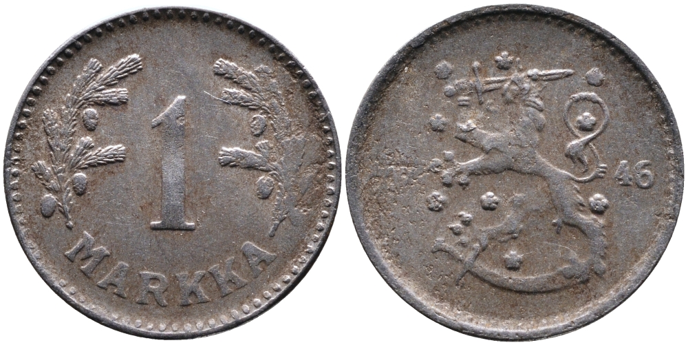 ФИНЛЯНДИЯ 1 МАРКА 1946 S KM 30b железо 4388-1013