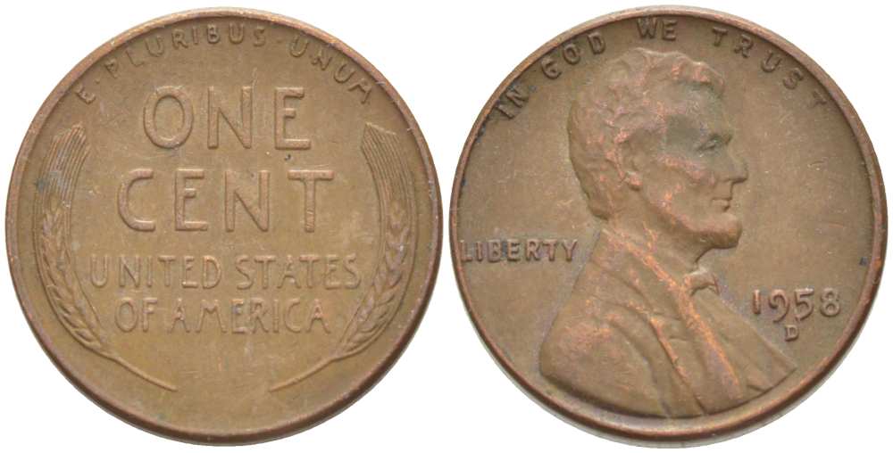 США 1 ЦЕНТ 1958 D, ЛИНКОЛЬН KM А132 медь цинк 218-1044