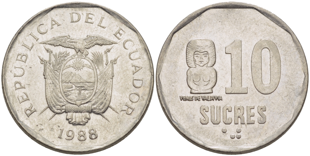 ЭКВАДОР 10 СУКРЕ 1988 VENUS DE VALDIVIA KM 92.1 сталь плакированная никелем 31-427