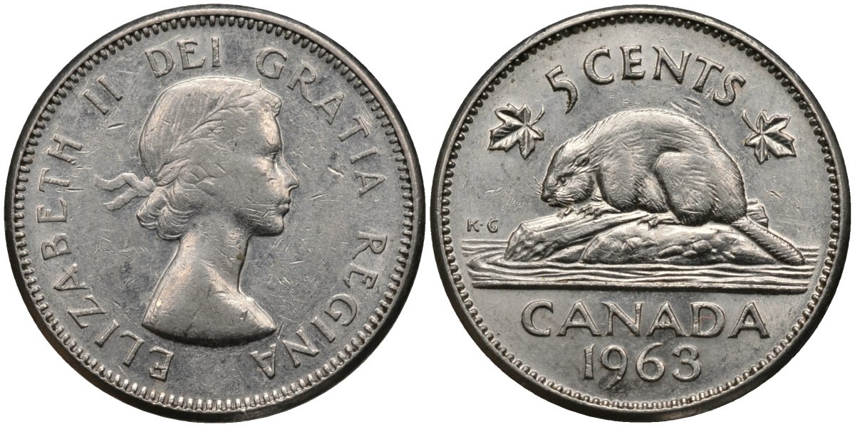 Канада 5 центов 1963 бобр, Елизавета II (1952-) KM 57 никель 4115-1259