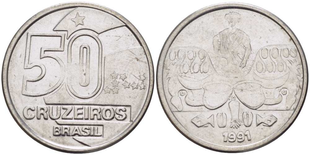 Бразилия 50 крузейро 1991 KM 620.2 нержавеющая сталь 4364-656