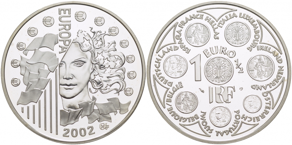 Франция 1 1/2 евро 2002 введение евро KM 1301 серебро PROOF 04-011-11