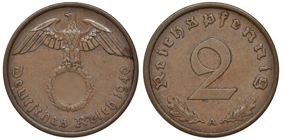 Германия 2 рейхспфеннига 1940 A KM 38, J. 362 алюминиевая бронза 4121-642