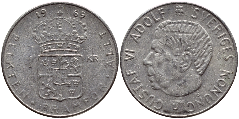 Швеция 1 крона 1969 Густав VI Адольф (1950-1973) KM 826a медь плакированная медно-никелем 4388-621