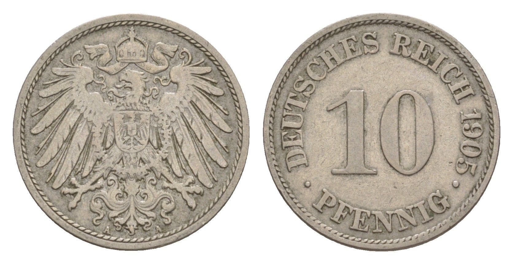 Германия 10 пфеннигов 1905 A, Вильгельм II (1888-1918) KM 12, J. 13 медно-никель 4640-259