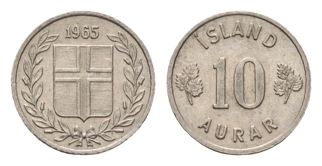 Исландия 10 эйре 1965 KM 10 медно-никель UNC 4690-715