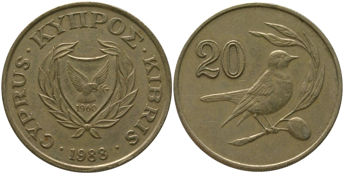 Кипр 20 центов 1988 KM 57.2 никель латунь 4402-153