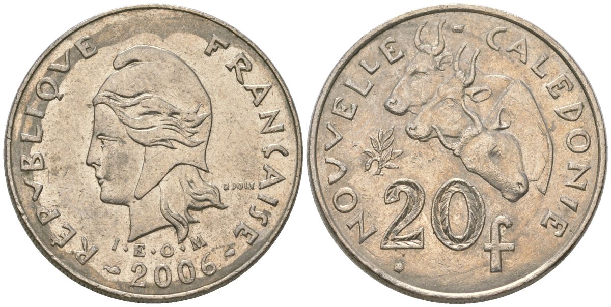 Французская Новая Каледония 20 франков 2006 три быка, (IEOM) KM 12a, Schoen 14a медно-никель 4131-746