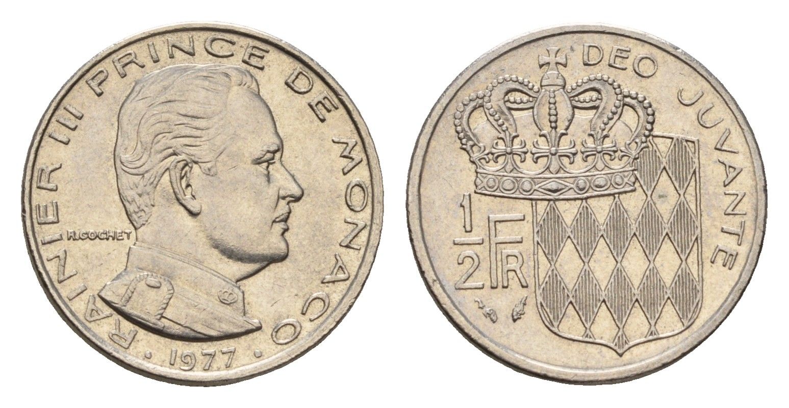Монако 1/2 франка 1977 Ренье III (1949-2005) KM 145 никель 4169-718