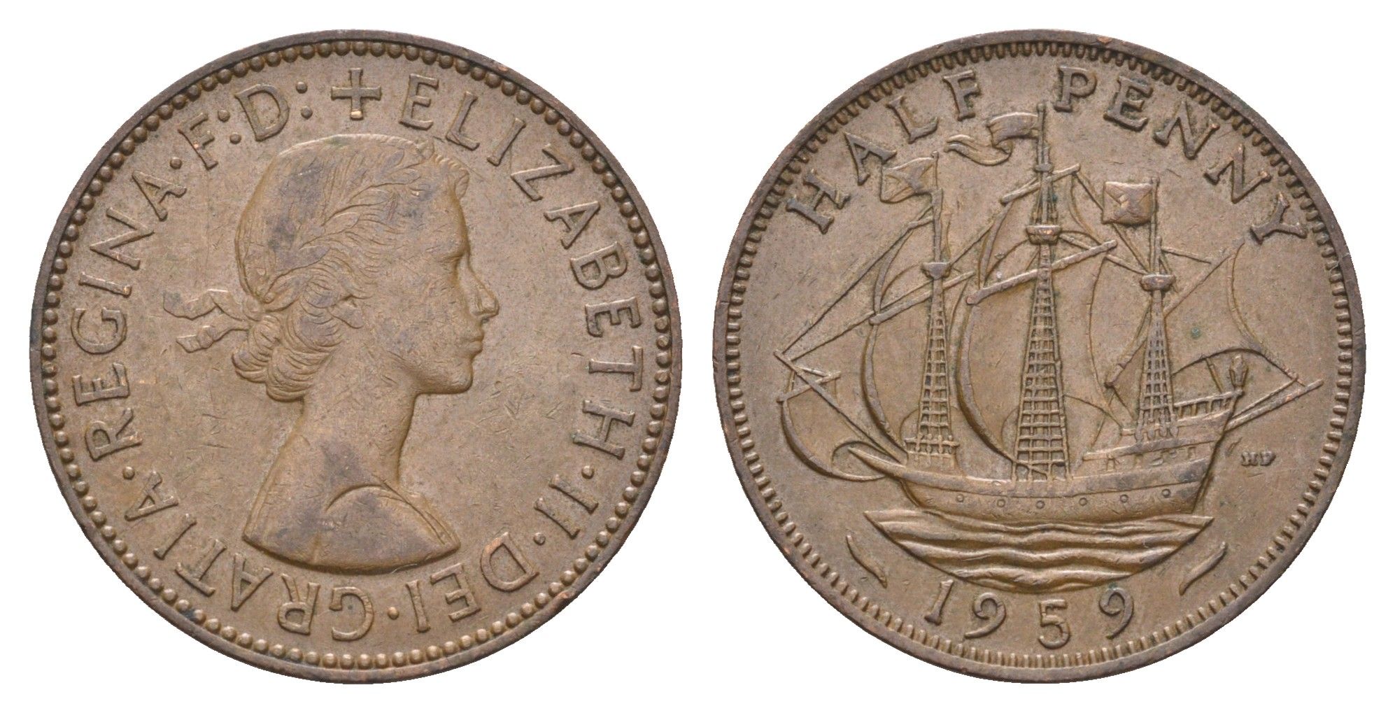 Великобритания 1/2 пенни 1959 Елизавета II (1952-2022) KM 896, Spink 4158 бронза 4662-1153