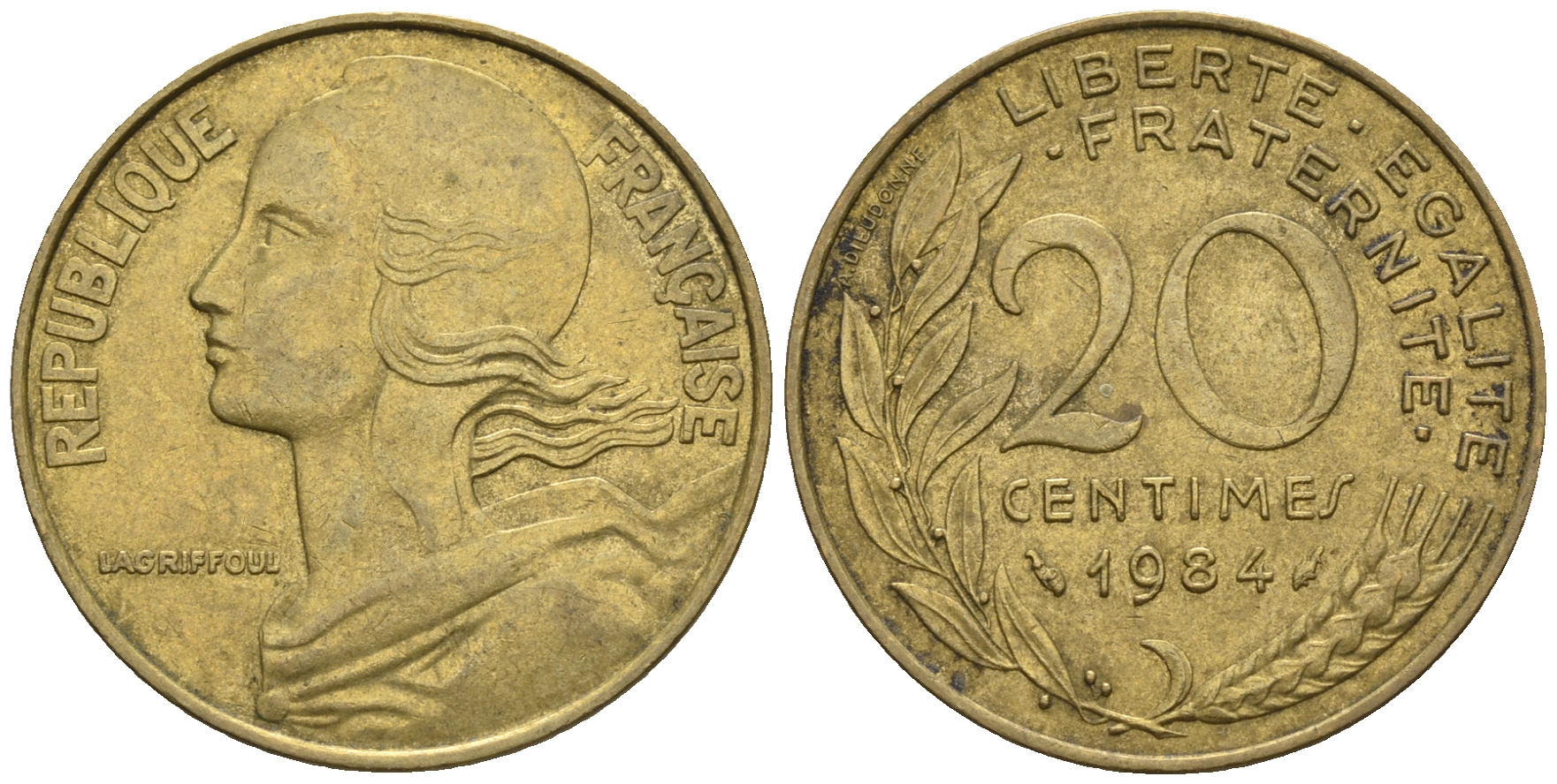 Франция 20 сантимов 1984 тип Marianne KM 930, Le Franс 156.24 медь алюминий никель 85-122