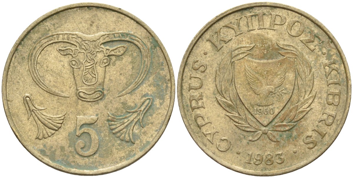 Кипр 5 центов 1983 голова быка KM 55.1 никель латунь 4141-911