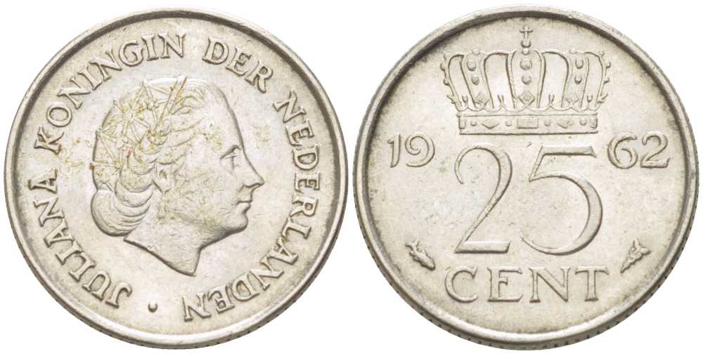 НИДЕРЛАНДЫ 25 ЦЕНТОВ 1962 ЮЛИАНА (1948-1980) KM 183 никель 214-934