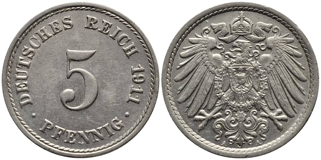 Германия 5 пфеннигов 1911 A KM 11, J. 12, Weege 6 медно-никель 4547-521