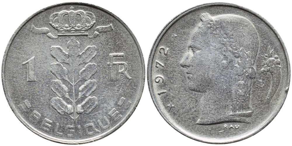 Бельгия 1 франк 1972 Belgique, Бодуэн I (1951-1993) KM 142.1 медно-никель 4384-524