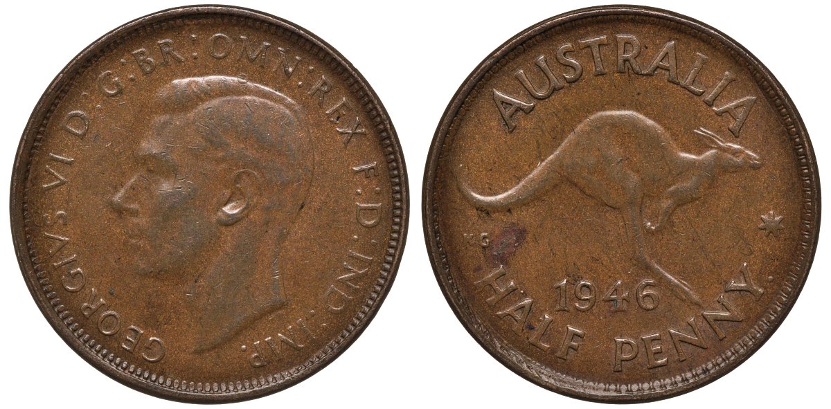 Австралия 1/2 пенни 1946 Георг VI (1937-1952), Кенгуру KM 41 бронза 60-831