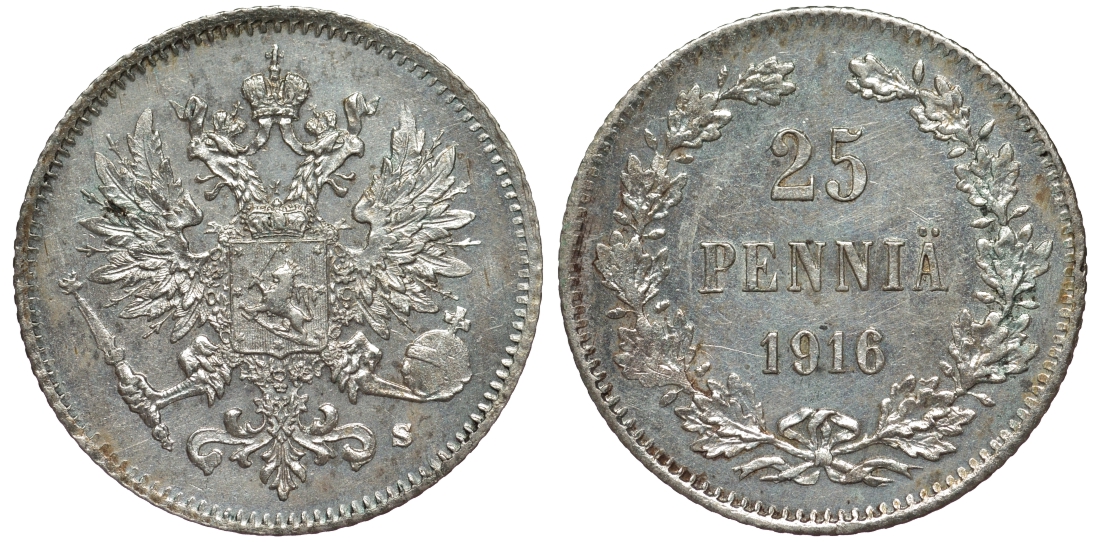 Россия для Финляндии 25 пенни 1916 S, Николай II (1894-1917) KM 6.2, Биткин 421 серебро 75-1258