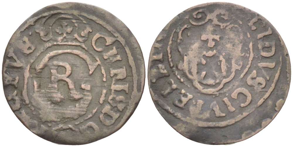 Польша, Эльблонг 1 шиллинг (шеляг) ND Кристина (1626-1654), Шведское правление (1626-1655), вес 0,49 гр. KM 46 серебро 1517-422