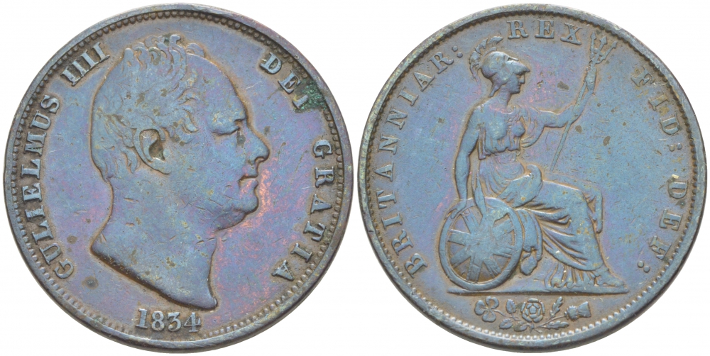 Великобритания 1/2 пенни 1834 Вильгельм IV (1830-1837) KM 706, Spink 3847 медь 1515-2213