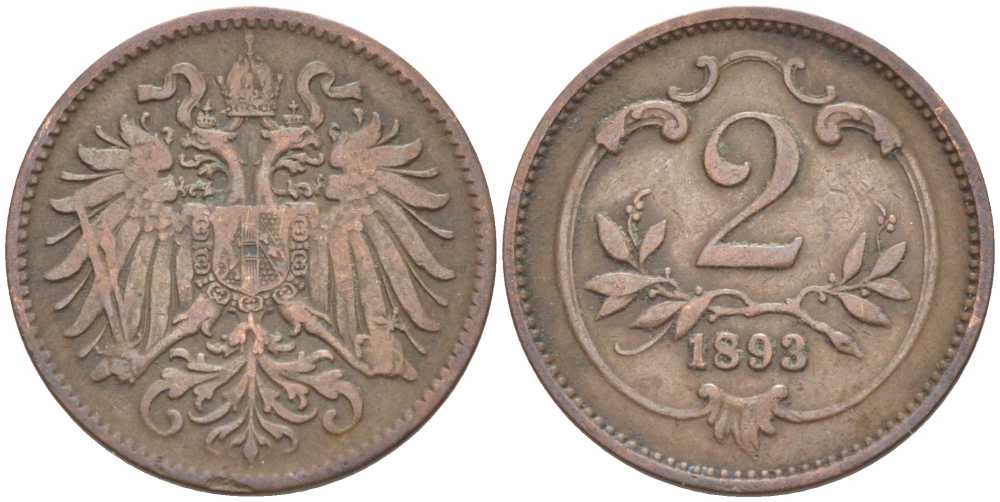 АВСТРИЯ 2 ГЕЛЛЕРА 1893 ФРАНЦ ИОСИФ KM 2801 бронза 4396-1164