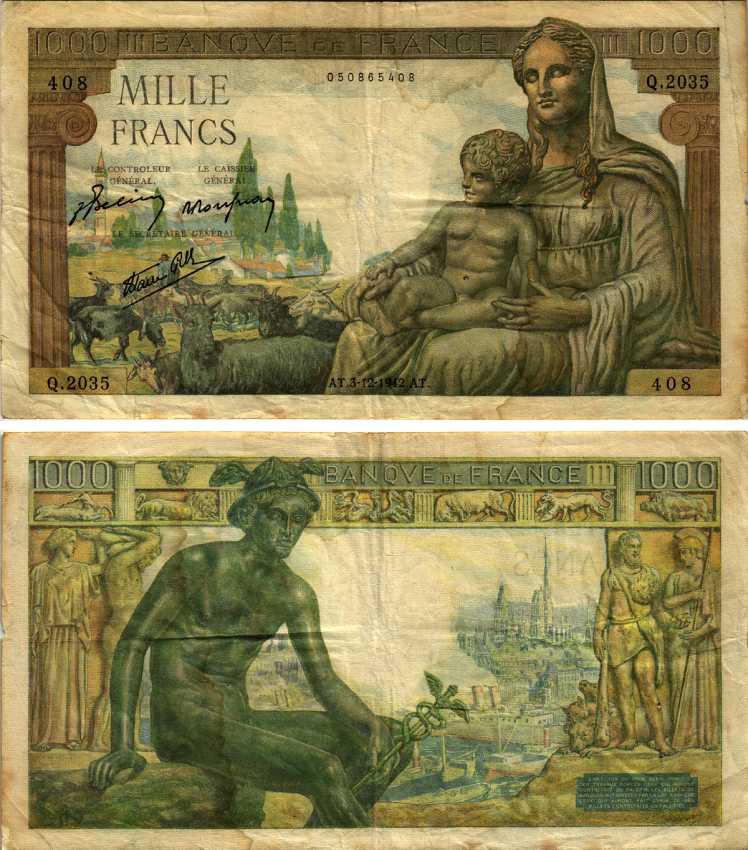 ФРАНЦИЯ 1000 ФРАНКОВ 1942 3 ДЕКАБРЯ 1942, МЕРКУРИЙ Pick 102 бумага 7183-18-2