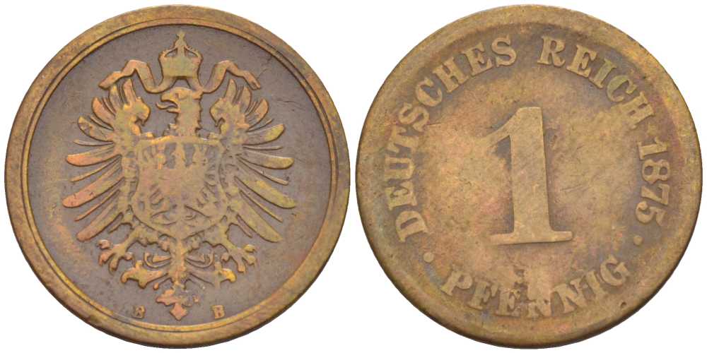 ГЕРМАНИЯ 1 ПФЕННИГ 1875 B, СТАРОГЕРБОВКА KM 1, J. 1, Weege 1 медь 206-1033