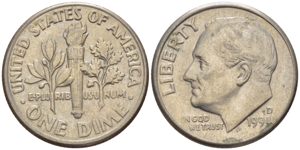 США 10 ЦЕНТОВ = 1 ДАЙМ 1994 D, РУЗВЕЛЬТ KM 195а медь плакированная медно-никелем 66-1129