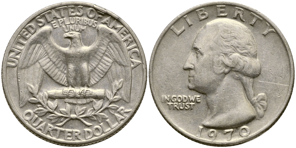 США 25 центов (квотер) 1970 Вашингтон KM 164а медь плакированная медно-никелем 4388-335