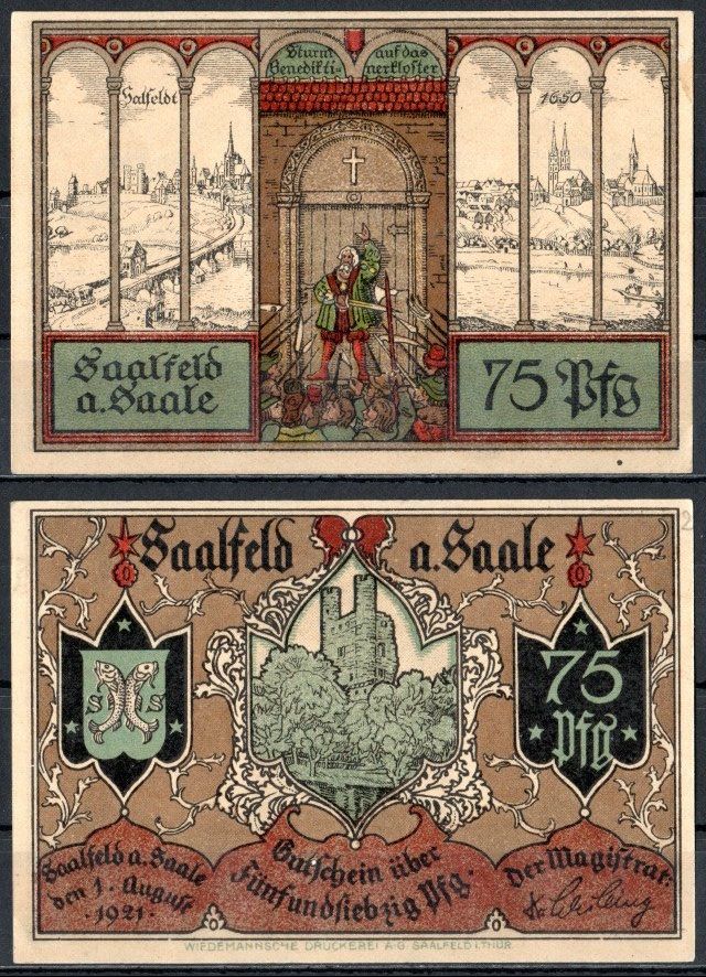 Заальфельд (Заале) (Тюрингия) 75 пфеннигов 1921 Mehl Grabowski 1155.5-5/5 бумага UNC (пресс) 7553-20-3-1