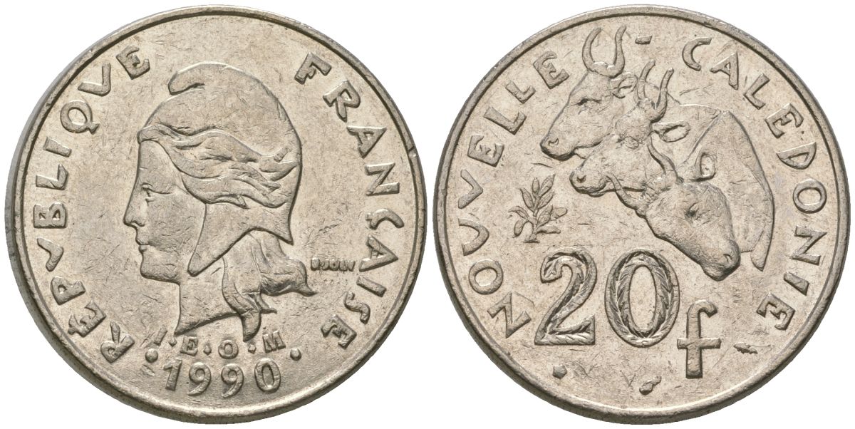 Французская Новая Каледония 20 франков 1990 три быка, (IEOM) KM 12, Schoen 14, Lec 113 никель 4123-911