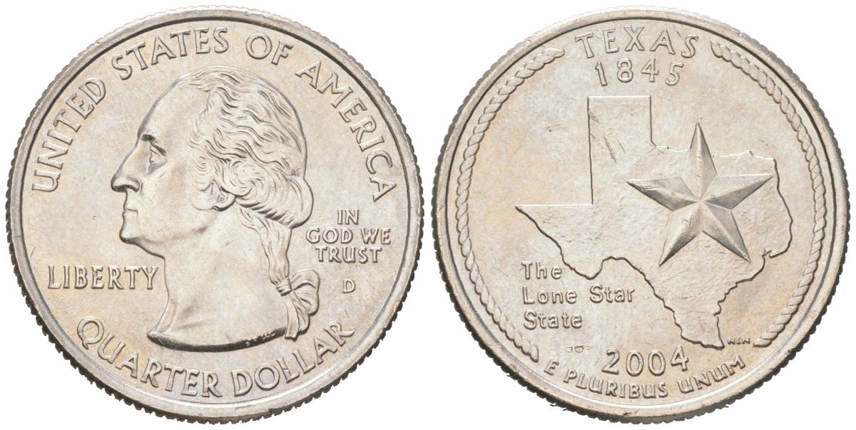 США 25 центов = квотер = 1/4 доллара 2004 D, квотер штата Техас KM 357 медь плакированная медно-никелем UNC 183-321