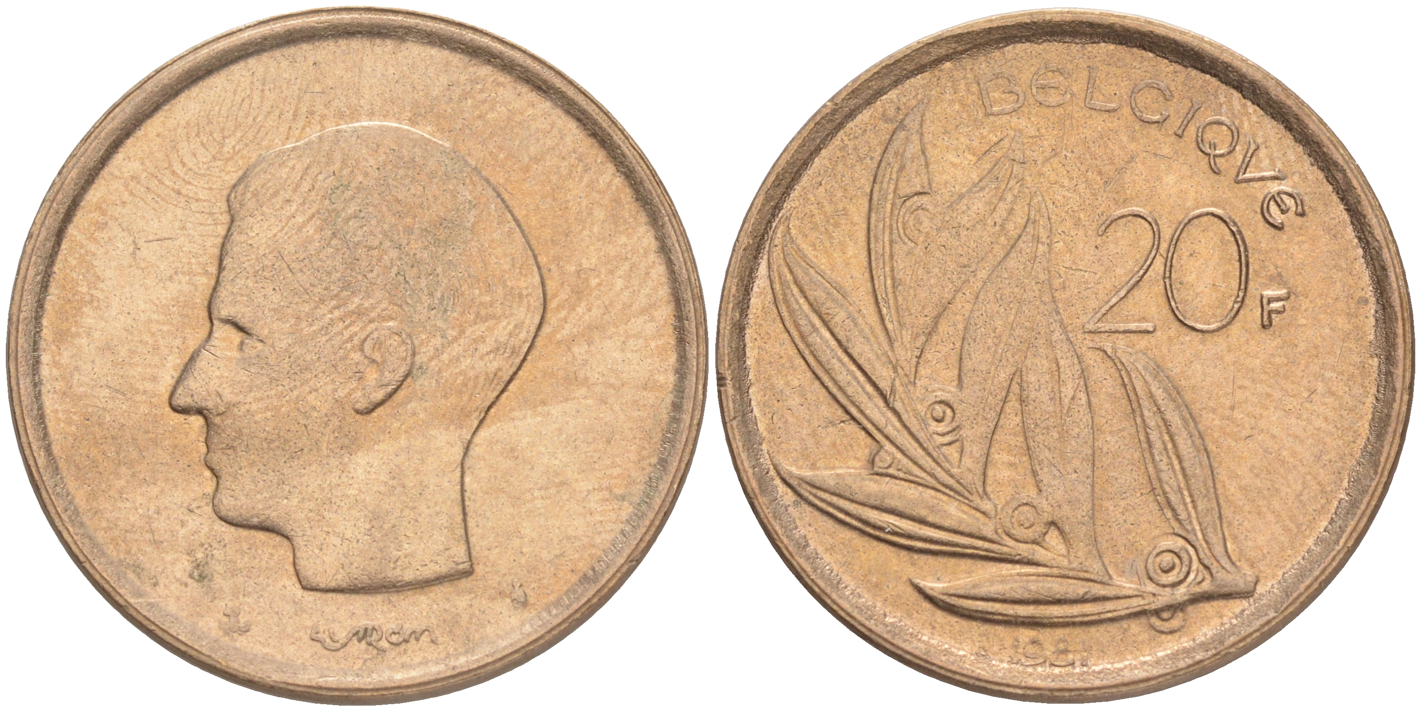 Бельгия 20 франков 1981 Belgique, Бодуэн I (1951-1993) KM 159 никель бронза 4556-656