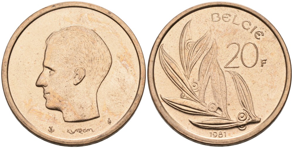 Бельгия 20 франков 1981 Belgie KM 160 никель бронза UNC 189-942