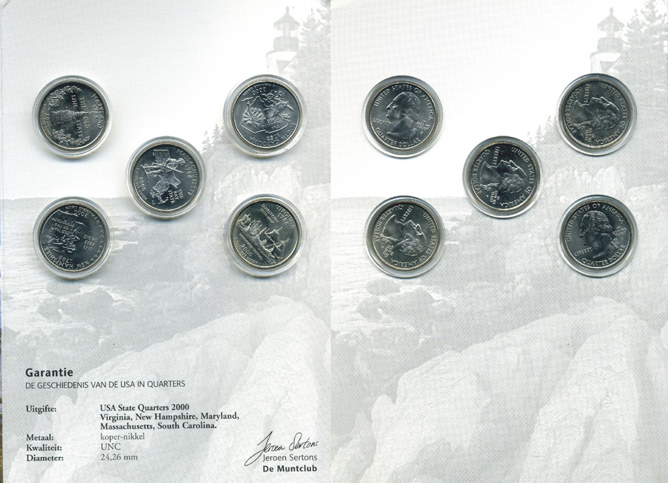 США набор из 5 монет 2000 история США в квотерах, в буклете, монеты в капсулах. Мэриленд, Массачусетс, Вирджиния, Южная Каролина, Нью-Гэмпшир    UNC  1181-2-08