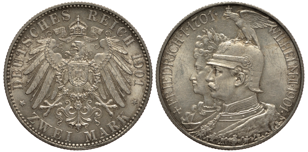 Пруссия 2 марки 1901 A, 200 лет Прусской королевской династии (Фридрих I - Вильгельм II) J.105, Weege 105, KM 525 серебро 3711-1042