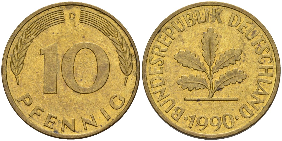 ФРГ 10 пфеннигов 1990 D KM 108, J. 383 сталь плакированная латунью 4171-156