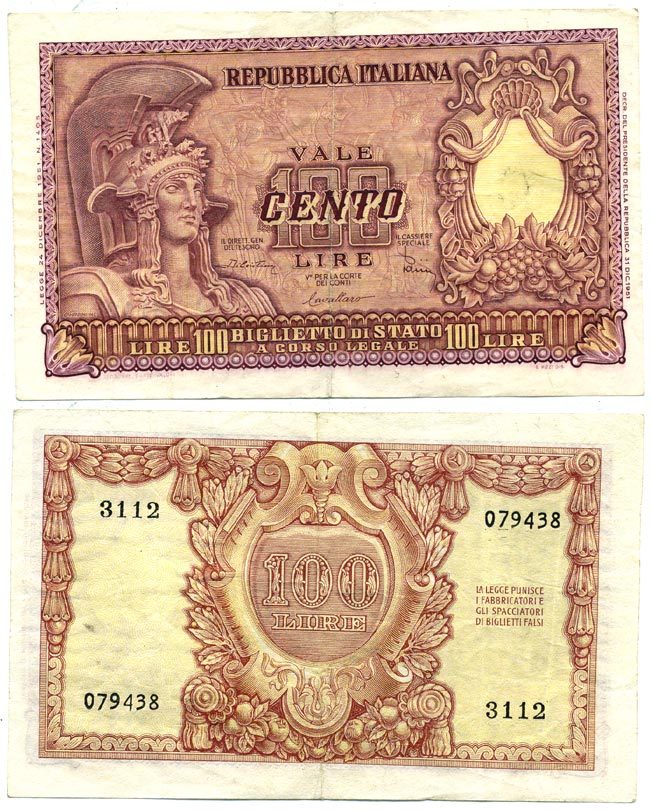 Италия 100 лир 1951 Афина в шлеме, Di Cristina, Cavallaro Pick 92 b бумага 7484-15-1