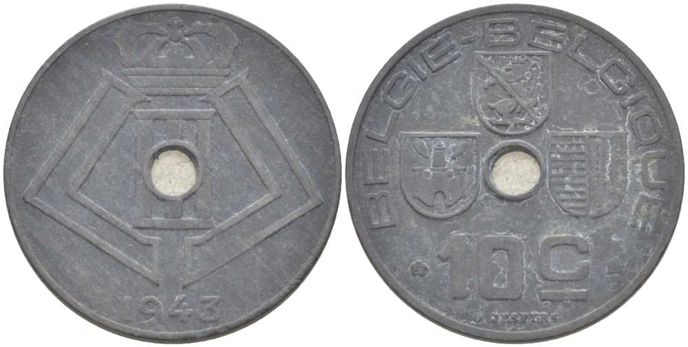 БЕЛЬГИЯ 10 САНТИМОВ 1943 BELGIE-BELGIQUE, ГЕРМАНСКАЯ ОККУПАЦИЯ, ВТОРАЯ МИРОВАЯ ВОЙНА KM 126 цинк 217-125