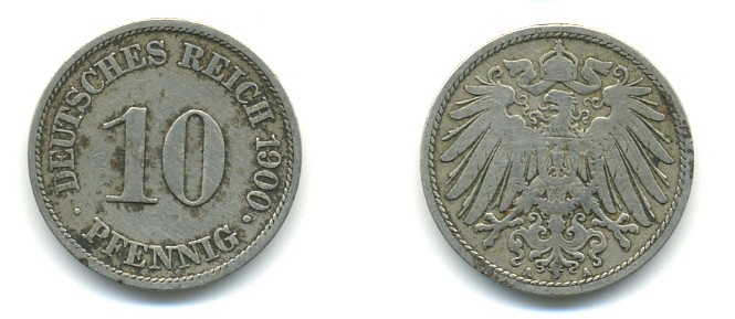 Германия 10 пфеннигов 1900 A KM 12, J. 13 медно-никель 4379-829