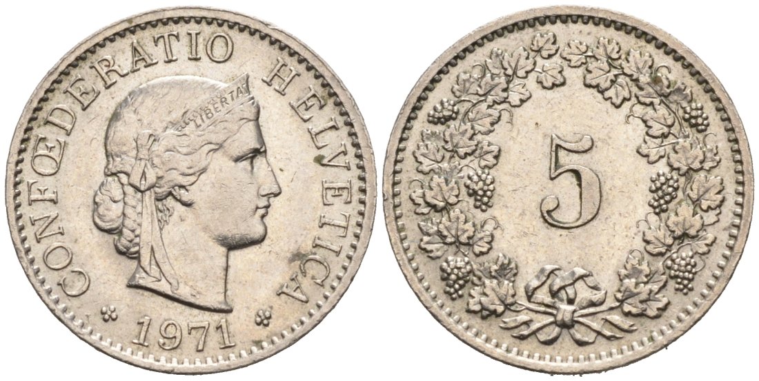 Швейцария 5 раппенов 1971 КМ 26 медно-никель 4567-536